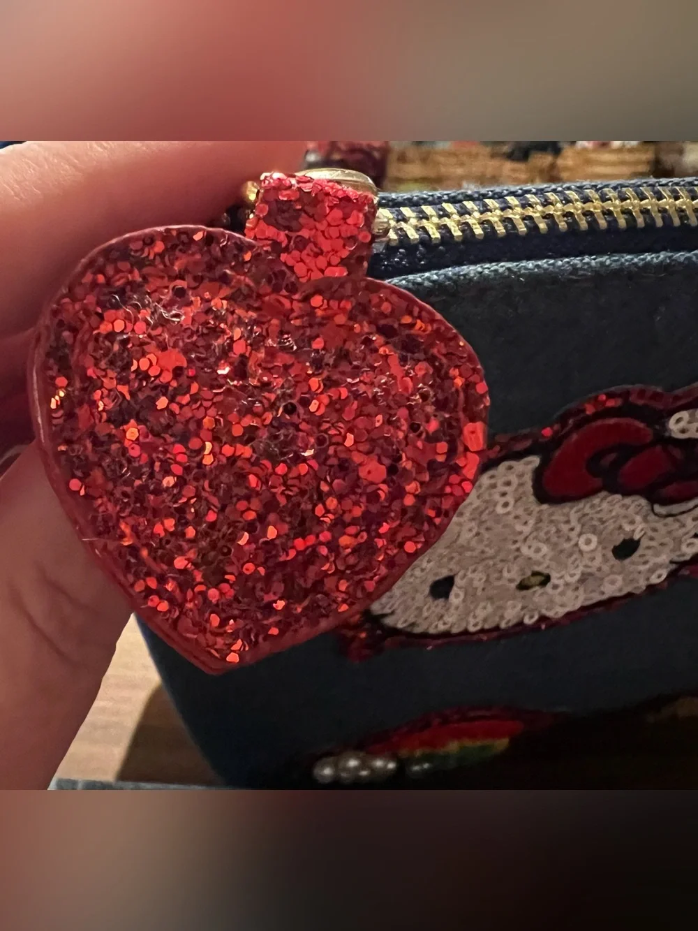 Hello Kitty Denim Wristlet Pouch Sanrio Sequin Patch Cosmetic Bag Kawaii